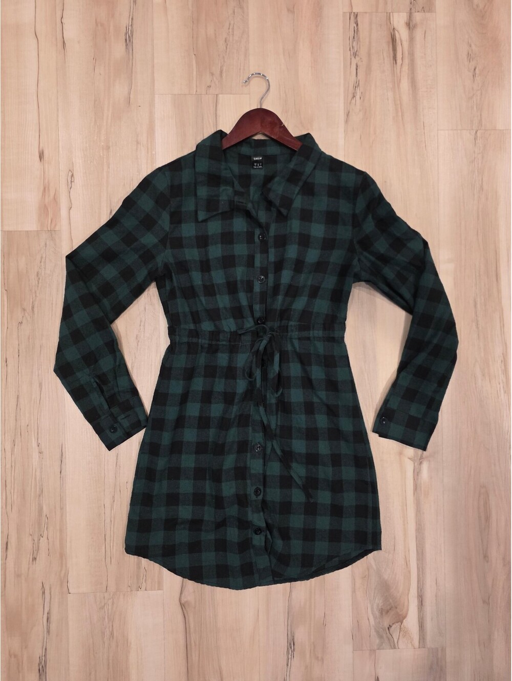SHEIN Women's Green and Black Plaid Shirt Dress with Waist Tie, Size Small